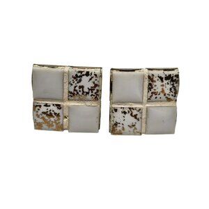Vintage Gold Tone White Enamel Cufflinks With Square Mosaic Design